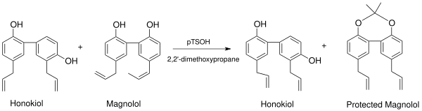 Magnolol and Honokiol are normally inseparable. Honokiol is easily separable from the protected magnolol acetonide Magnolol purification.svg