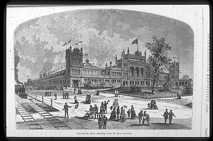 Main Exhibition Building, Centennial Exposition, Philadelphia (1875–76, disassembled and sold 1881). In terms of total area enclosed, 21½ acres, it was the largest building in the world.