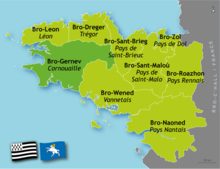 Carte montrant les évêchés avant le régime concordataire : l'évêché de Léon au nord du Finistère et celui de Cornouaille au sud du Finistère.