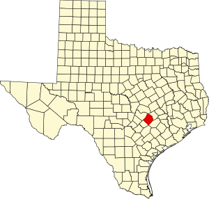 Mapa Texasu se zvýrazněním Bastrop County
