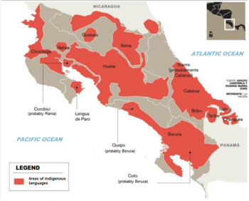 An indigenous language map of Costa Rica, pre-Spanish arrival. Map of indigenous languages in Costa Rica.png