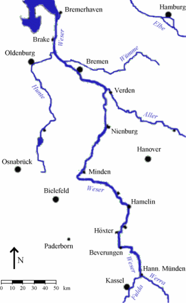 File:Map river weser kassel to bremerhaven.png
