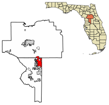 Marion County and Sumter County Florida Incorporated and Unincorporated areas The Villages Highlighted 1271625.svg