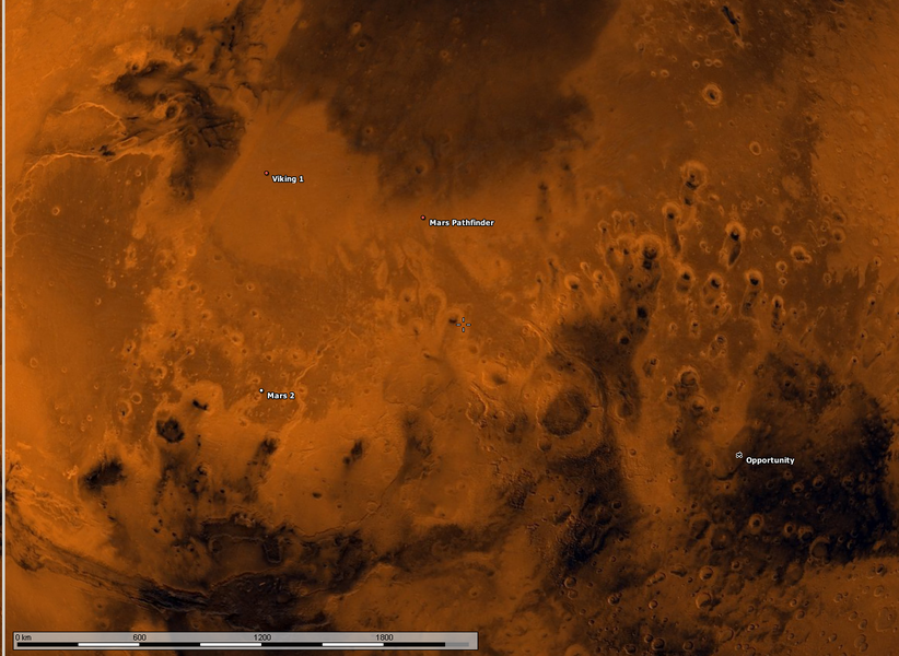Map of Mars, showing the location of Mars 2 center left, in relation to Viking 1, Mars Pathfinder and Opportunity