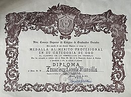 Medalla al Merito Profesional de D. Francisco Lorente Mansilla