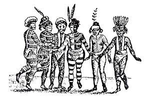 Georg von Langsdorff, early visitor to California, sketched a group of Ohlone-Costeno dancers at Mission San Jose in 1806. "The hair of these people is very coarse, thick, and stands erect; in some it is powdered with down feathers," Langsdorff noted. "Their bodies are fantastically painted with charcoal dust, red clay, and chalk. The foremost dancer is ornamented all over with down feathers, which gives him a monkey-like appearance; the hindermost has had the whimsical idea of painting his body to imitate the uniform of a Spanish soldier, with his boots, stockings, breeches, and upper garments." Mission San Jose natives.jpg