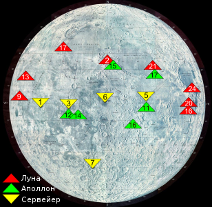 Места посадок КК «Аполлон» (отмечены зелёными треугольниками), КА «Луна» (красными) и «Сервейер» (жёлтыми) на карте видимого полушария Луны. «Аполлон-16» — к юго-востоку от центра