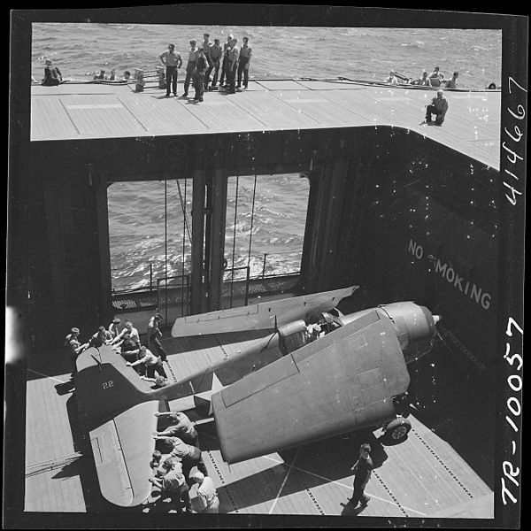 File:Navy crewmen aboard the USS Monterey (CVL-26) bringing an F6F to the flight deck on elevator. - NARA - 520750.jpg