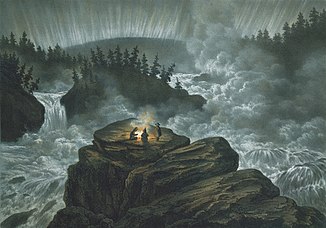 The Harsprånget waterfall was the largest waterfall in Lule älv until it fell dry by the Stora harsprånget hydroelectric power station.  The lithograph by Carl Svante Hallbeck from 1856 shows the waterfall in the polar night with three spectators around the campfire, one of whom is standing and watching the northern lights