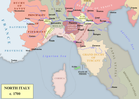 Northern Italy; Milan, Savoy, and Mantua were the primary areas of conflict. North Italy 1700.png