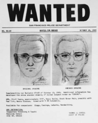 An October 1969 wanted poster made by the SFPD, featuring the two sketches from the Stine murder Oct 1969 Zodiac wanted poster.png