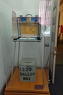 Official Palm Beach County, Florida Votomatic Voting Machine used in the November 7, 2000 U.S. Presidential Election, on display at the Florida Historic Capitol Museum, Tallahassee, Florida. Official Palm Beach County Votomatic Voting Machine used in the November 7, 2000 Presidential Election.jpg