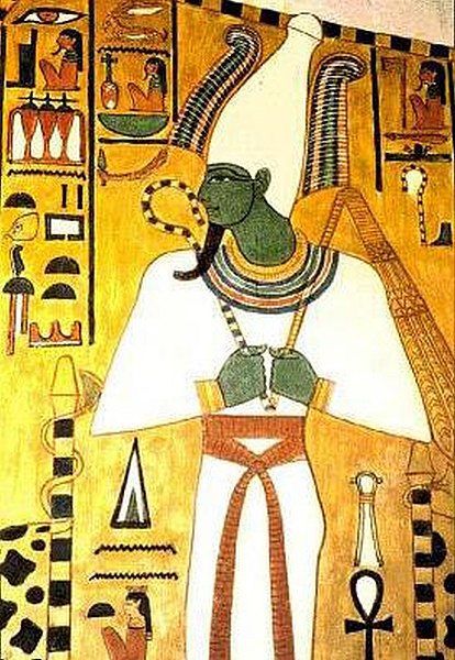 The Ancient Egyptian god Osiris, ruler of the underworld and of rebirth and regeneration, was typically shown with a green face. (Tomb of Nefertari, 1295–1253 BC)