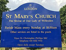 Main signage at the Anglican (and original) shrine today Our Lady of Willesden - signage.jpg