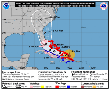 Path of the cyclone Irma towards the Greater Antilles and Florida (USA landfall on September 10). For older versions of the path view the history of File:11L 2017 5day.png (or scroll down behind the link), with hazardous conditions for the North of Cuba and Florida (red colour).