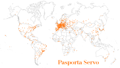 Cities in the world with Pasporta Servo hosts as of 2015 PS mapo 2015.png