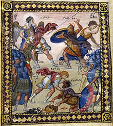 10th-century illumination in the Paris Psalter which depicts the life of King David, traditionally regarded as the author of the Book of Psalms. In total there are 14 images throughout the psalter. Paris psaulter gr139 fol4v.jpg