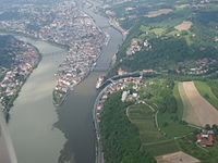 Samenvloeien van Inn en Donau bij Passau