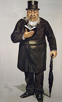 Caricature d'un homme massif portant un collier de barbe blanc, un haut-de forme, une redingote et tenant une Bible et un parapluie
