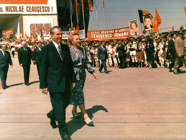Nicolae Ceaușescu and his wife, Elena, in 1986. Propaganda posters and images of the Ceaușescus are ubiquitous.