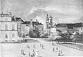 Planie in Stuttgart. Links: Neues Schloss, Altes Schloss, Stiftskirche, Alte Kanzlei mit dem Alten Wasserturm (später Merkursäule), Aquarell von 1785.