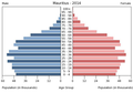 English: The population pyramid of Mauritius illustrates the age and sex structure of population and may provide insights about political and social stability, as well as economic development. The population is distributed along the horizontal axis, with males shown on the left and females on the right. The male and female populations are broken down into 5-year age groups represented as horizontal bars along the vertical axis, with the youngest age groups at the bottom and the oldest at the top. The shape of the population pyramid gradually evolves over time based on fertility, mortality, and international migration trends. Українська: Віково-статева піраміда населення Маврикію за 2014 рік. Вона дає наочне уявлення про вікову і статеву структура населення країни, може слугувати джерелом інформації про політичну і соціальну стабільність, економічний розвиток. Блакитними кольорами ліворуч, у вигляді горизонтальних смуг показані вікові групи (з кроком 5 років кожна) чоловічої статі, праворуч рожевими — жіночої. Наймолодші вікові групи — внизу, найстаріші — вгорі. Форма піраміди поступово еволюціонує з плином часу під впливом чинників народжуваності, смертності і світової міграції.