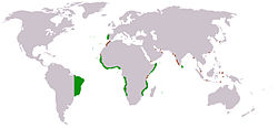 Kaart met de gebieden die Portugees waren omstreeks 1600.