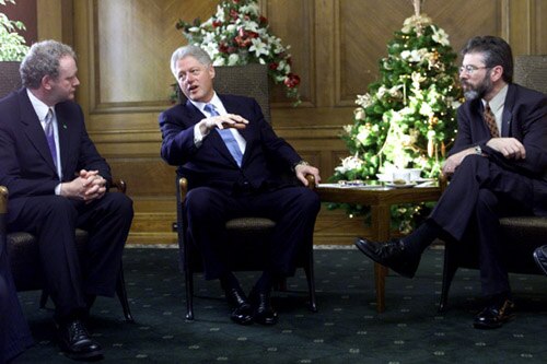 United States President Bill Clinton meeting with Gerry Adams and McGuinness in the Stormont Parliament Buildings in December 2000.