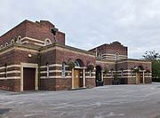 Eastern Cemetery chapel, central building on a symmetrical trapeziodal plan, flanked by two rectangular plan chapels. built 1931 (2014)