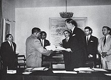 Prime Minister Ibrahim Nasir signs independence agreement with the British on the Westminster House, Colombo Sri Lanka. Prime Minister Ibrahim Nasir signs independence agreement with the British.jpg