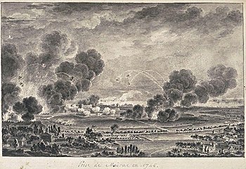 The siege of Madras in 1746 for Joseph Francois Dupleix troops and ships of La Bourdonnais. The city surrendered in September 1746. Madras was returned to England in 1748 to restore peace. Prise de Madras en 1746 Ozanne N au lavis Louvre.jpg
