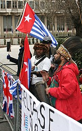 Free West Papua protest in London in 2009 Protest for Bukhtar Tabuni and Sebby Sambom (3286490074).jpg