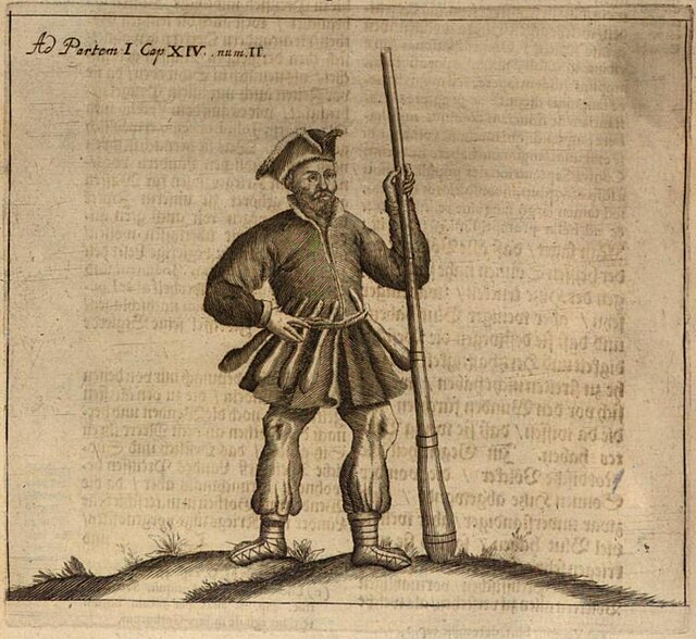An engraving of a Prussian warrior with a club, Christoph Hartknoch's 1684 book "Old and New Prussia" (Alt- und Neues Preussen).
