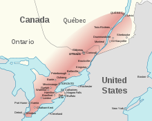Harta în două culori a zonei Windsor cu orașe de-a lungul râului St. Lawrence