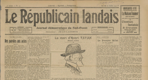 Manchette du journal Le Républicain Landais du 25 juillet 1931 annonçant la mort d'Henri Tayan.