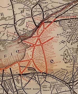 Eastern divisions of the RW&O. Clayton branch fed passenger and freight rail into main line at Philadelphia, NY RW&O eastern divisions, 1889.jpg