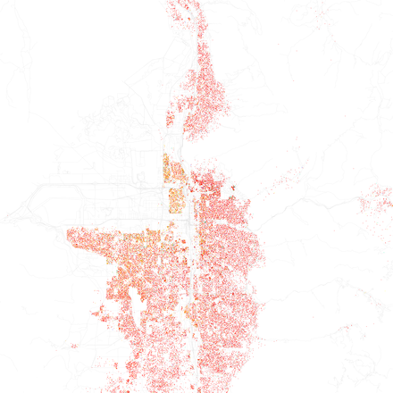 Map of racial distribution in Salt Lake City, 2010 U.S. Census. Each dot is 25 people: White, Black, Asian, Hispanic or Other (yellow)
