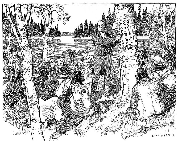 File:Rev. James Evans Teaching Indians His System of Cree Syllabic Writing.jpg