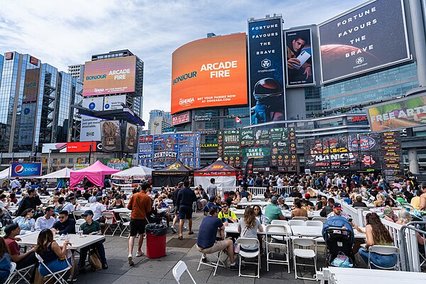 Dundas Square, Toronto's landmark public square at the intersection of Yonge Street and Dundas Street East.