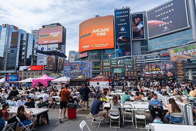 Dundas Square, Toronto's landmark public square at the intersection of Yonge Street and Dundas Street East.