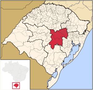 Map of the state of Rio Grande do Sul, Brazil highlighting Centro Ocidental Rio-Grandense