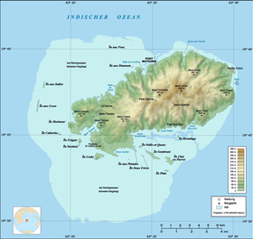 Mapa de la isla Rodrigues, con la isla Frégate al oeste, frente a la bahía Topaze.