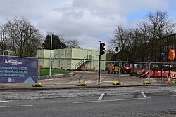 Containers on the Rose Bowl housing the site office for renovations Queen's Gardens in Kingston upon Hull.