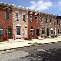 Baltimore's former Little Bohemia, East Monument Historic District, June 2014. Row houses in East Monument Historic District, Baltimore, Maryland.JPG