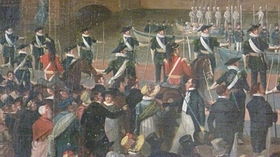 Members of the company on parade at the landing of King George IV at Leith in 1822. Detail from a painting by Alexander Carse. Royal Company of Archers painting detail.JPG