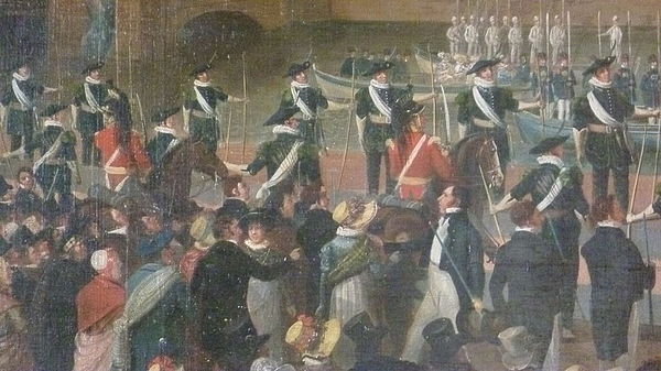 Members of the company on parade at the landing of King George IV at Leith in 1822. Detail from a painting by Alexander Carse.