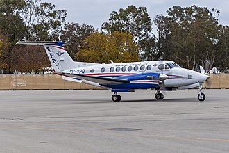 A Beechcraft B300 at Wagga Wagga Airport Royal Flying Doctor Service (VH-VPQ) Textron B300 Super King Air 350 taxiing at Wagga Wagga Airport (4).jpg