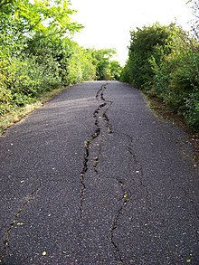 Cracking along the road axis possibly due to poor construction and formation of a cold joint Roztyly, val podel dalnice, puklina asfaltu.jpg