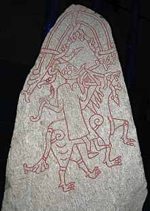 Both the sorcerer and supernatural creatures could ride spirits, gandir, in the form of animals, such as the wolf. Rune stone dr 284 of the hunnestad monument in lund sweden 2008 (cropped).JPG