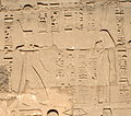 Ramses II, con la corona rossa del Basso Egitto, al cospetto della regina divinizzata Ahmose Nefertari della XVIII dinastia, sulle mura di cinta meridionali del Tempio di Amon-Ra a Karnak[210]. Ahmose-Nefertari visse tre secoli prima di Ramses II, ma il suo culto postumo ebbe un vigore straordinario[211].